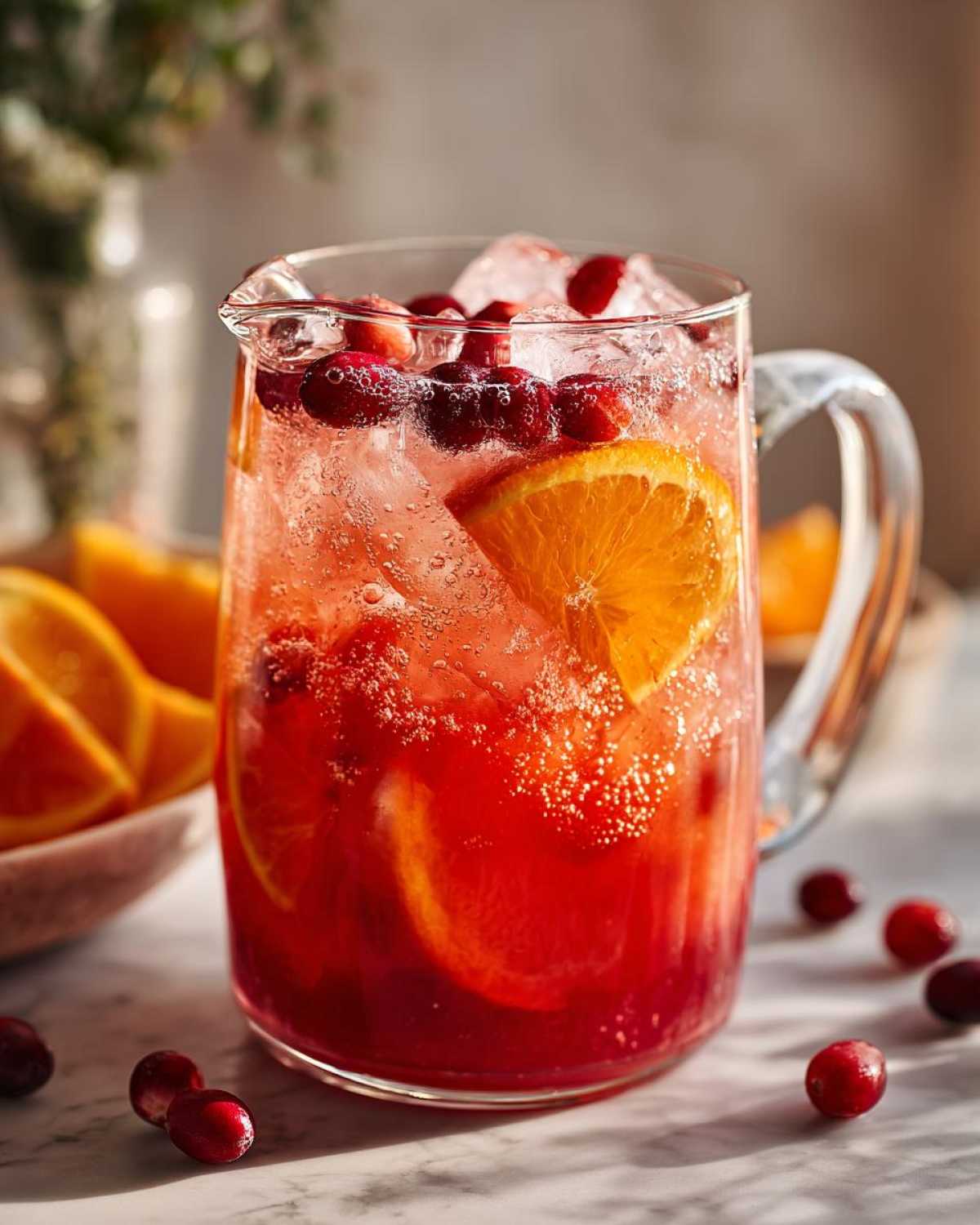 A clear pitcher filled with bubbly Cranberry Orange Punch, ice, orange slices, and whole cranberries.