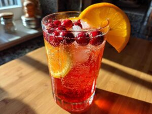 A tall glass filled with bubbly Cranberry Orange Sparkling Punch, garnished with fresh cranberries and an orange slice.