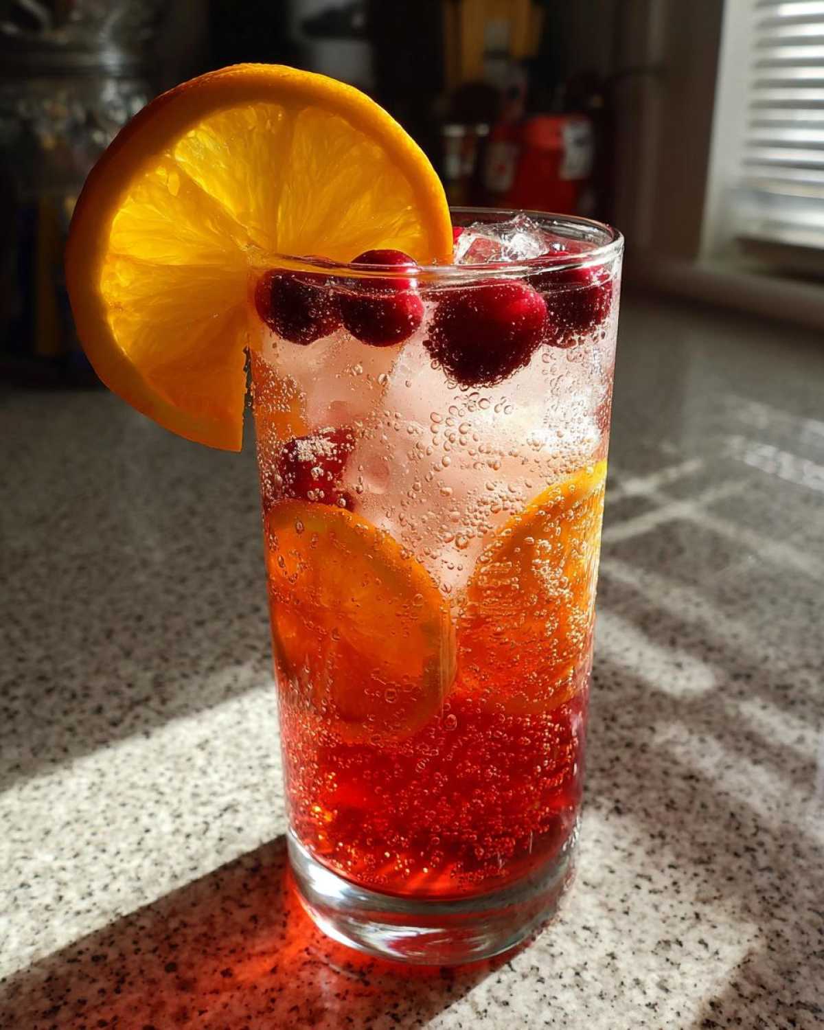 A tall glass filled with Cranberry Orange Sparkling Punch, ice, cranberries, and orange slices.