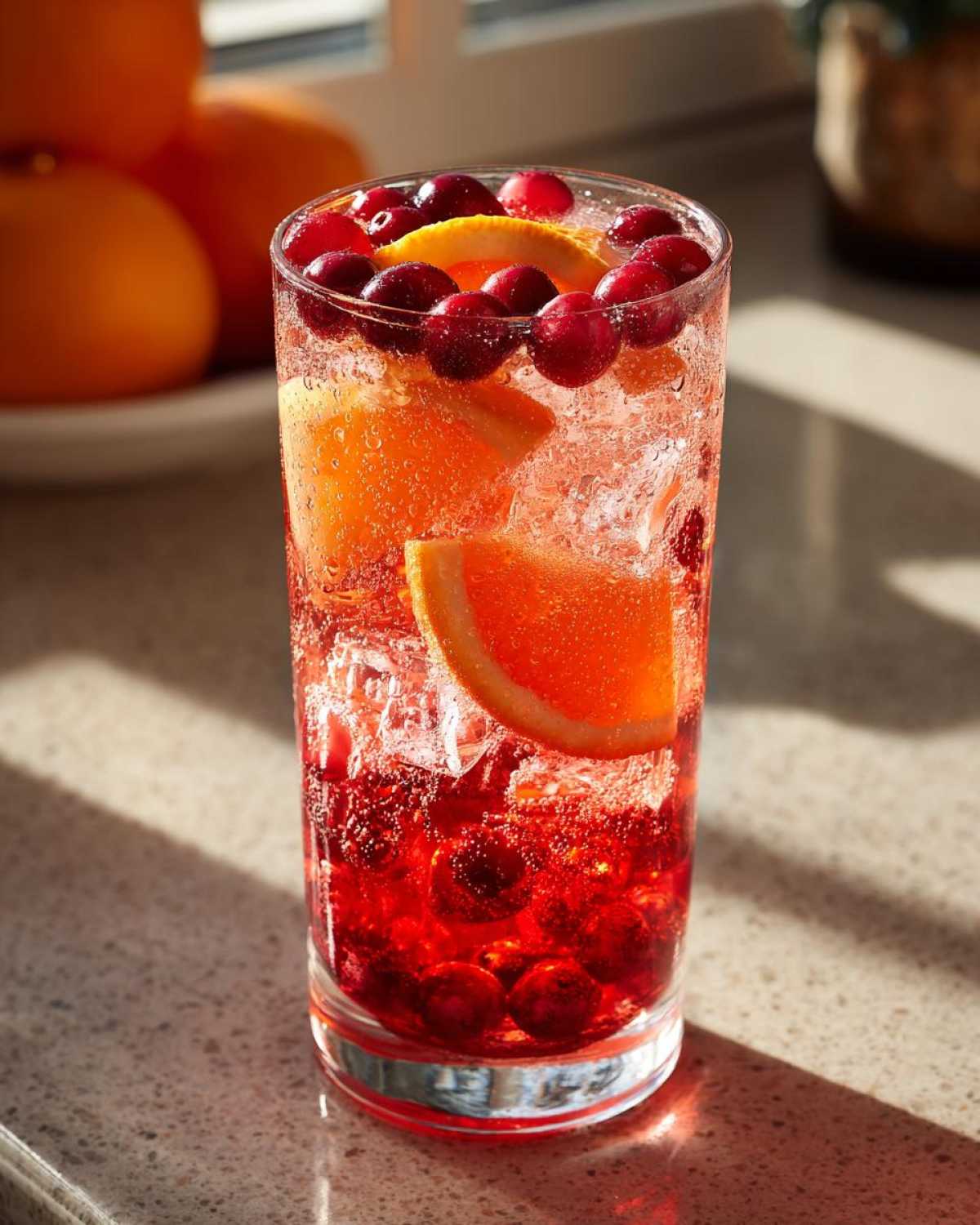 Close-up of a tall glass filled with Cranberry Orange Sparkling Punch, garnished with orange slices and cranberries.