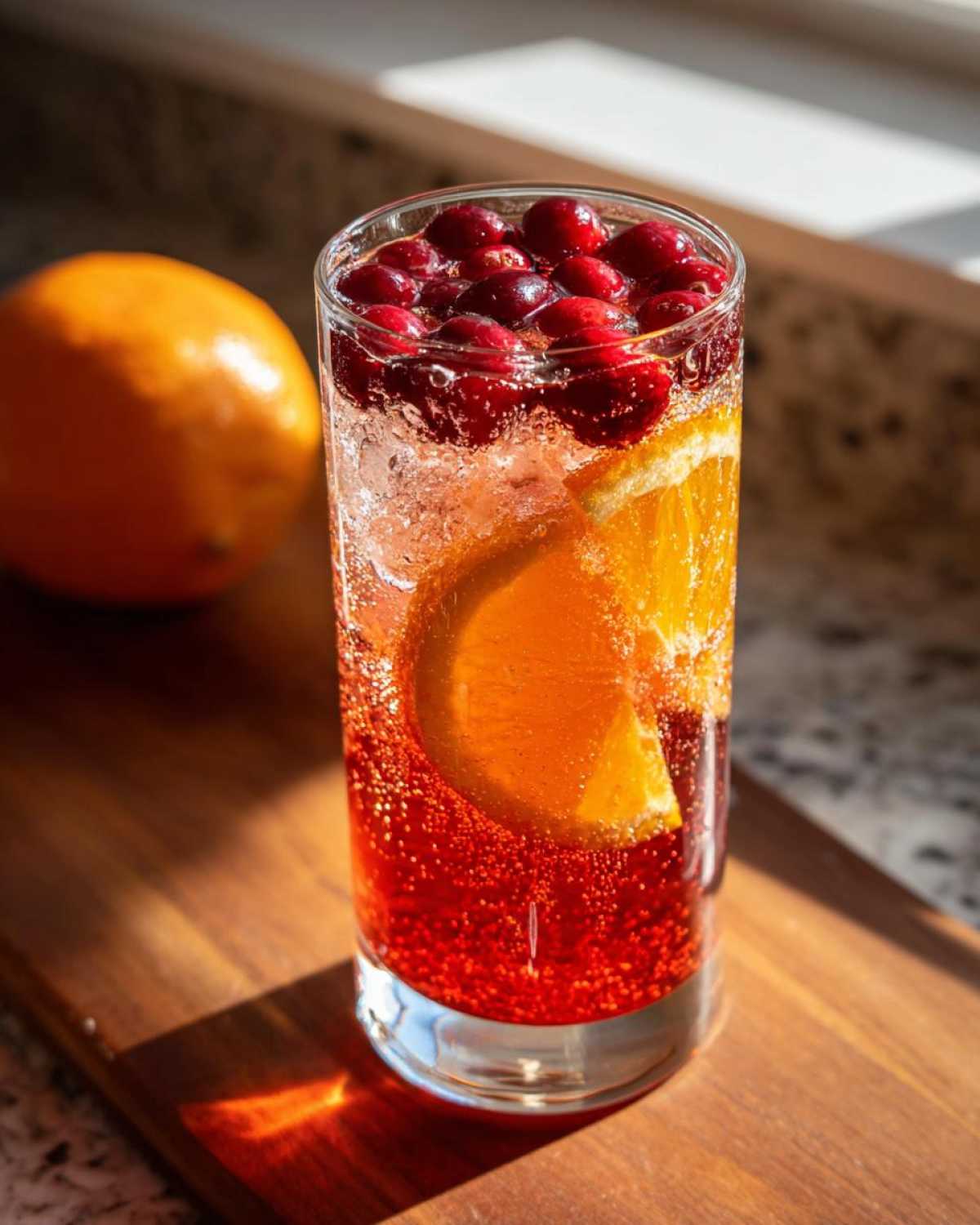 A tall glass filled with bubbly Cranberry Orange Sparkling Punch, garnished with fresh cranberries and an orange slice.