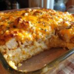 Close-up of a creamy chicken and rice casserole topped with melted cheddar cheese and parsley.