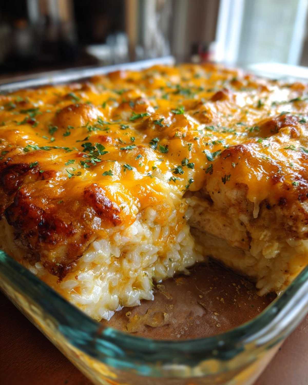 A close-up of a creamy chicken and rice casserole topped with melted cheddar cheese and fresh parsley.