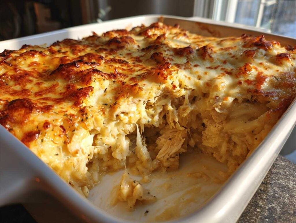 Close-up of a bubbly, golden-brown cheesy Creamy Chicken and Rice Casserole in a white baking dish.
