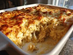 Close-up of a bubbly, golden-brown cheesy Creamy Chicken and Rice Casserole in a white baking dish.