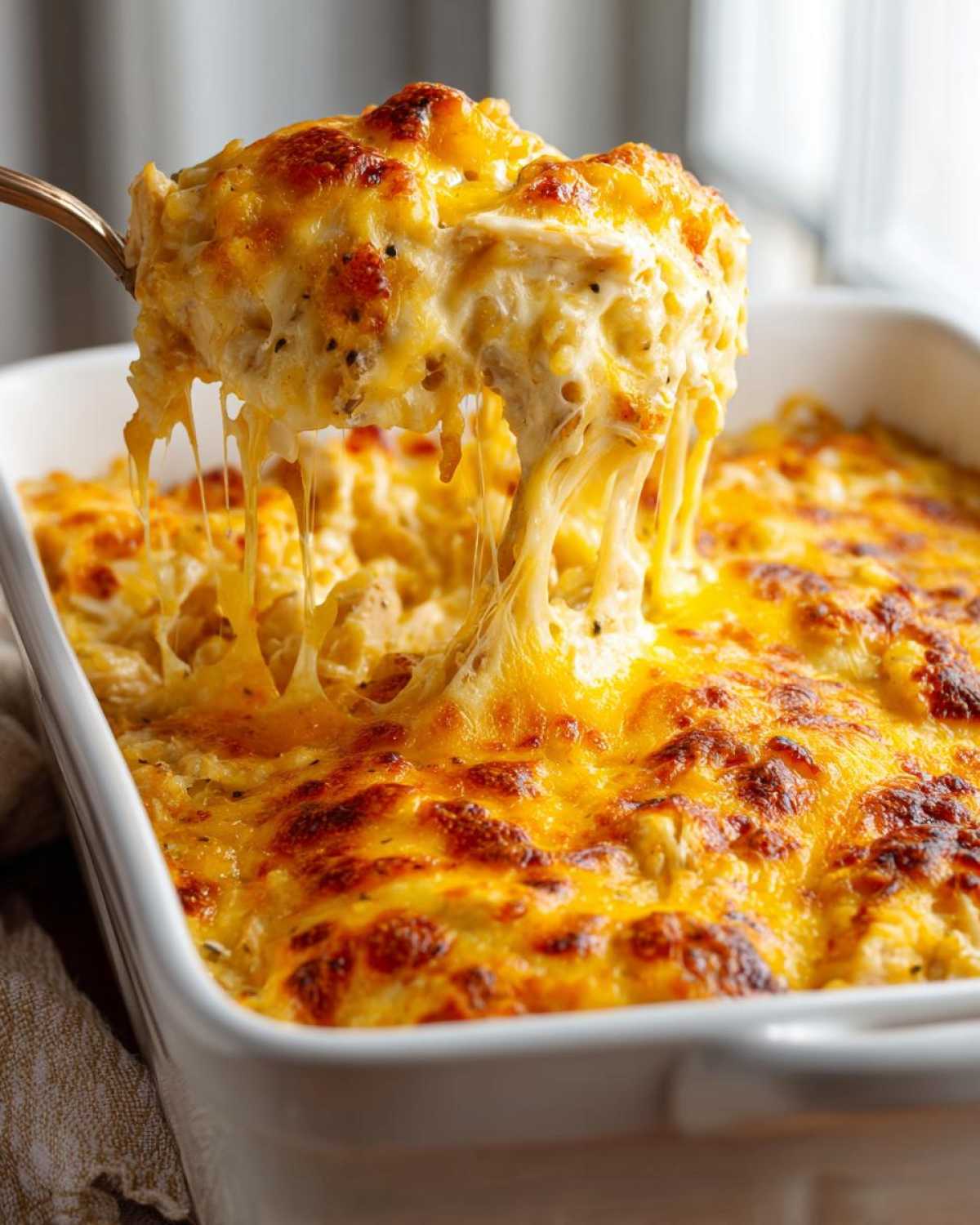 A spoonful lifting a cheesy, creamy portion of chicken and rice casserole, showing a satisfying cheese pull.
