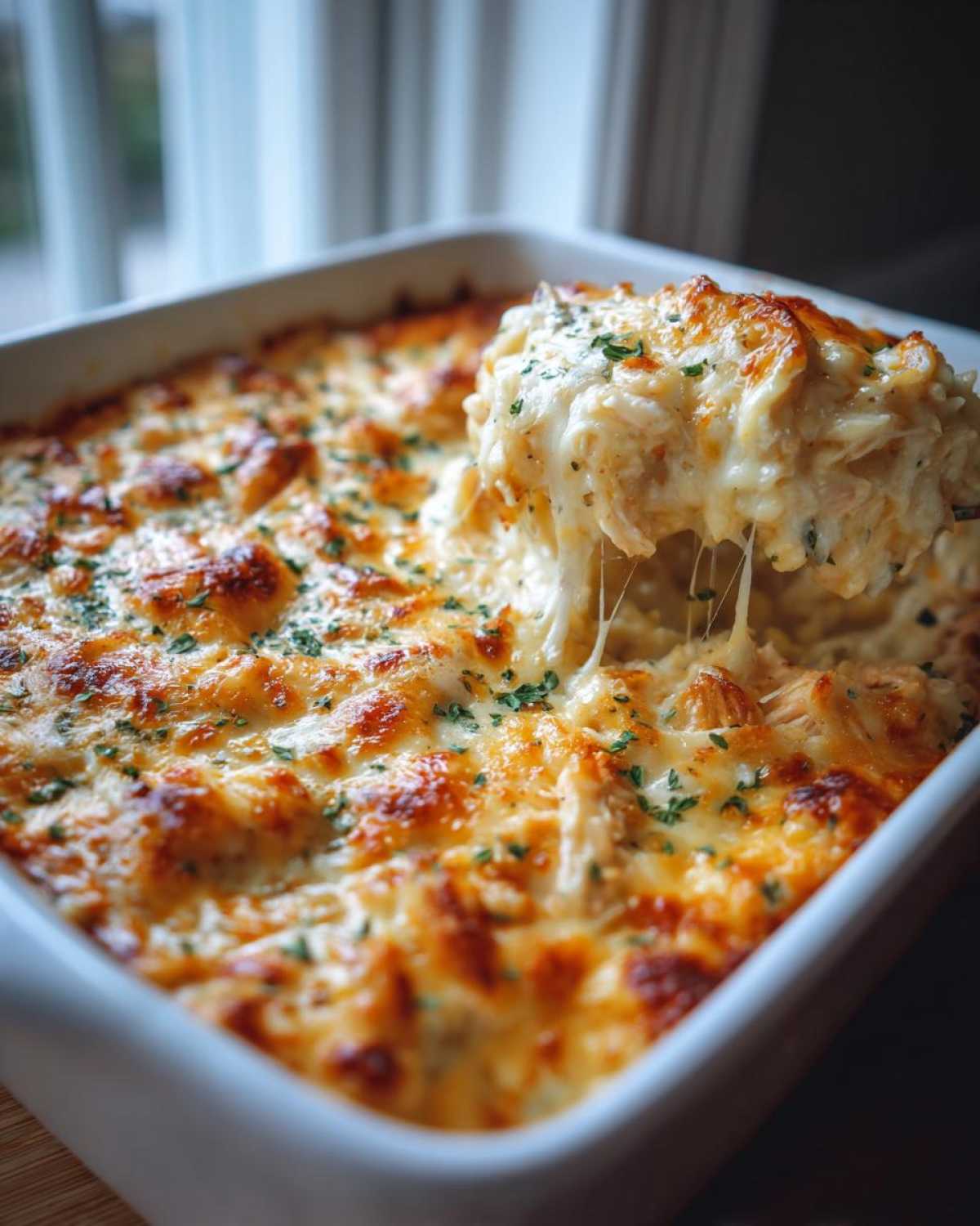 A scoop of creamy chicken and rice casserole being lifted, showing melted cheese strings and a golden-brown topping.