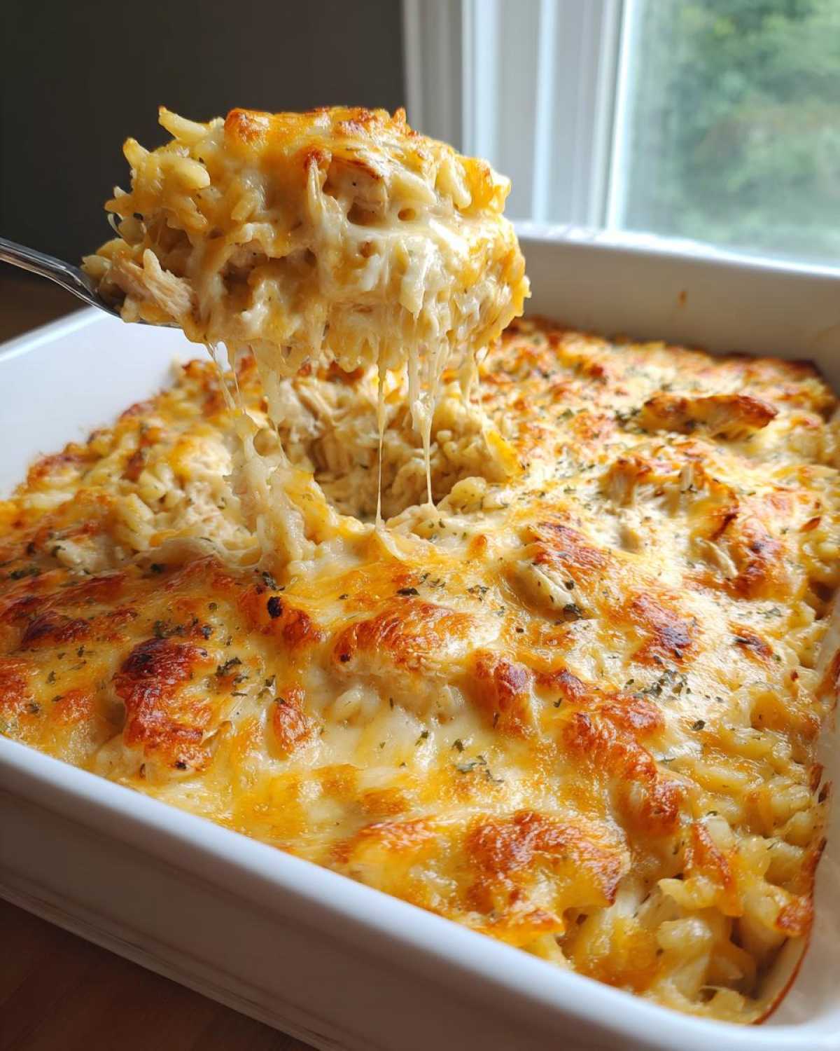 A spoonful of creamy chicken and rice casserole being lifted, showing melted cheese strings and baked golden topping.