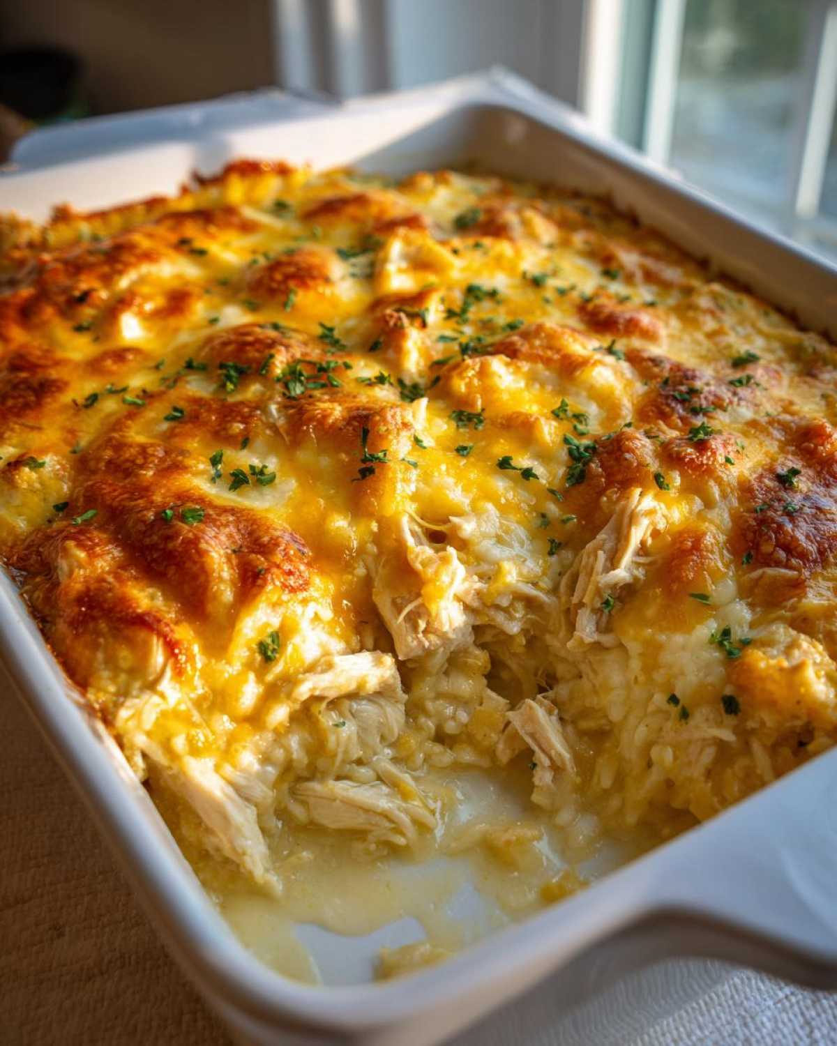 A close-up of a creamy chicken and rice casserole baked in a white dish, topped with melted golden cheese and parsley.