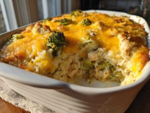 A close-up of a creamy chicken cauliflower rice casserole topped with melted cheddar cheese and broccoli florets.