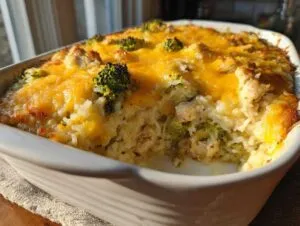 A close-up of a creamy chicken cauliflower rice casserole topped with melted cheddar cheese and broccoli florets.