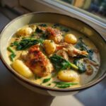 A close-up of a bowl of creamy chicken gnocchi soup with tender chicken pieces, soft gnocchi, and wilted spinach.
