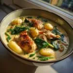 A close-up of a bowl of creamy chicken gnocchi soup with tender chicken pieces, soft gnocchi, and wilted spinach.