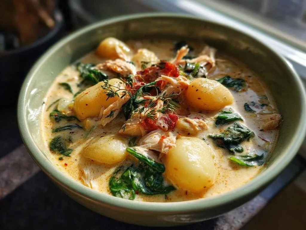A close-up bowl of creamy chicken gnocchi soup with shredded chicken, spinach, and gnocchi, garnished with herbs.