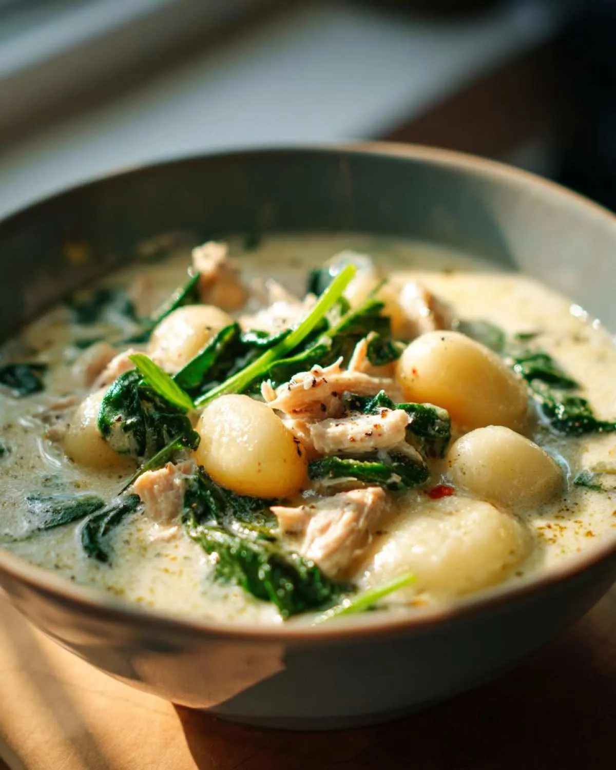 Close-up of a bowl of creamy chicken gnocchi soup with tender chicken pieces, soft gnocchi, and wilted spinach.