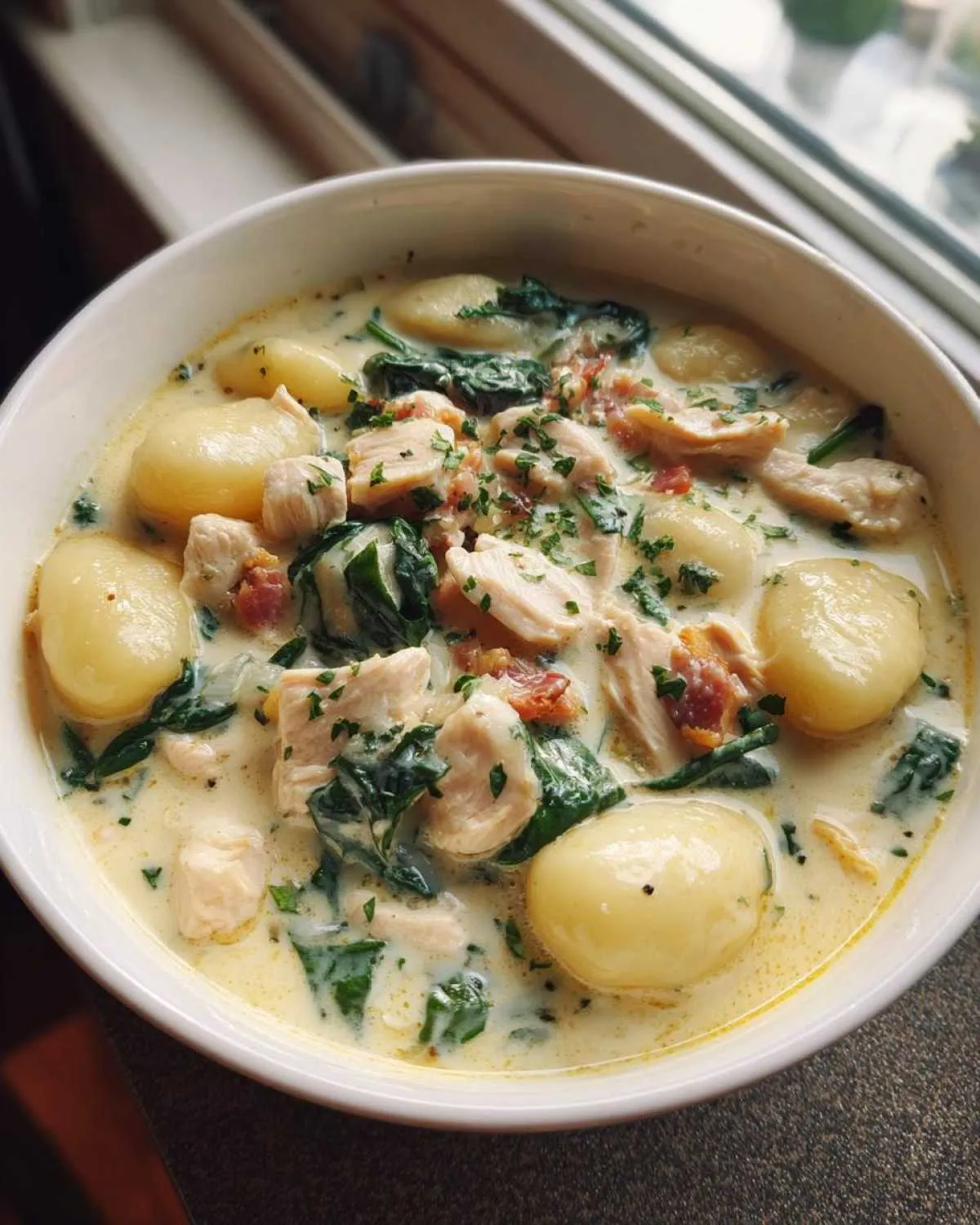 A close-up of a bowl of creamy chicken gnocchi soup with tender chicken pieces, spinach, and bacon bits.