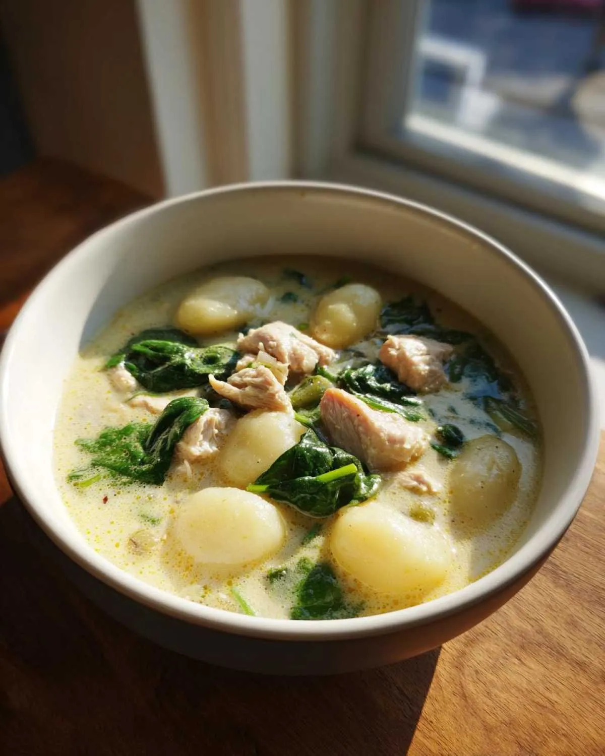 A close-up bowl of creamy chicken gnocchi soup with tender chicken pieces, soft gnocchi, and wilted spinach.