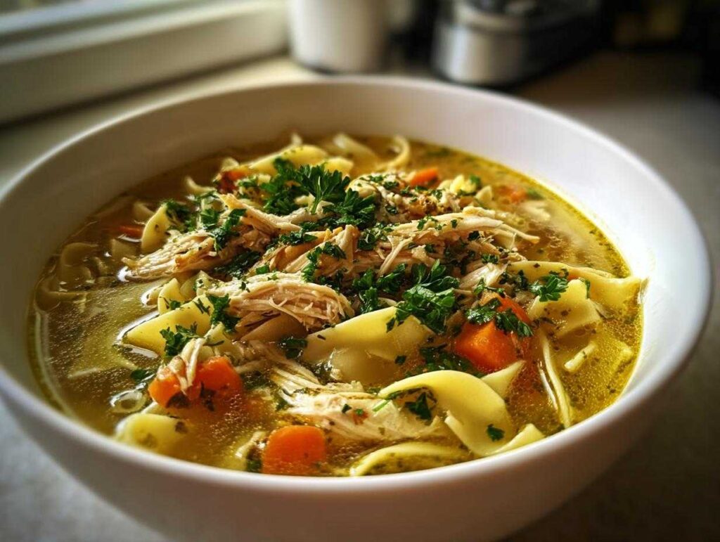 A close-up of a bowl of creamy chicken noodle soup, featuring shredded chicken, wide noodles, carrots, and fresh parsley.