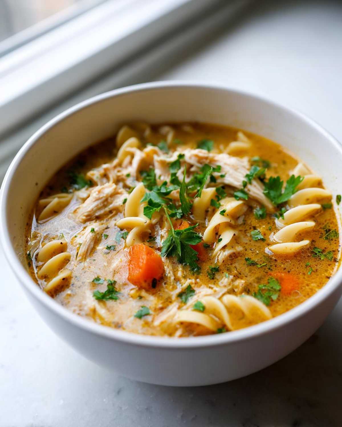 A close-up of a bowl of creamy chicken noodle soup with rotini pasta, shredded chicken, carrots, and parsley.