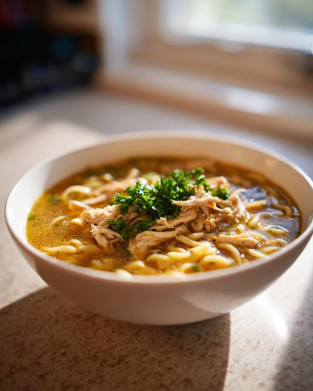 A close-up of a bowl of creamy chicken noodle soup, topped with shredded chicken and fresh parsley.