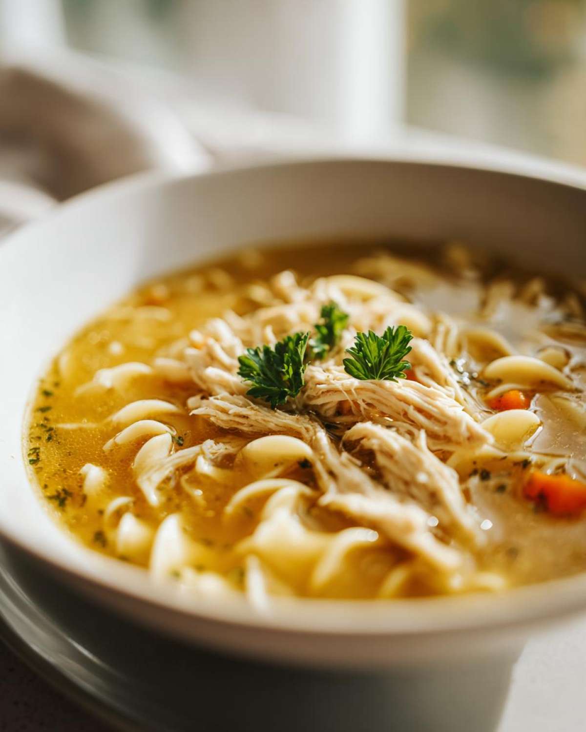 Close-up of a bowl of creamy chicken noodle soup, featuring shredded chicken, egg noodles, and fresh parsley.