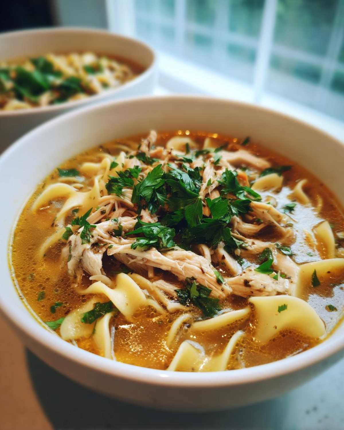 A close-up of a bowl of creamy chicken noodle soup, topped with shredded chicken and fresh parsley.