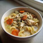 A close-up of a bowl of creamy chicken pasta soup with wide egg noodles, shredded chicken, and carrot slices, garnished with thyme.
