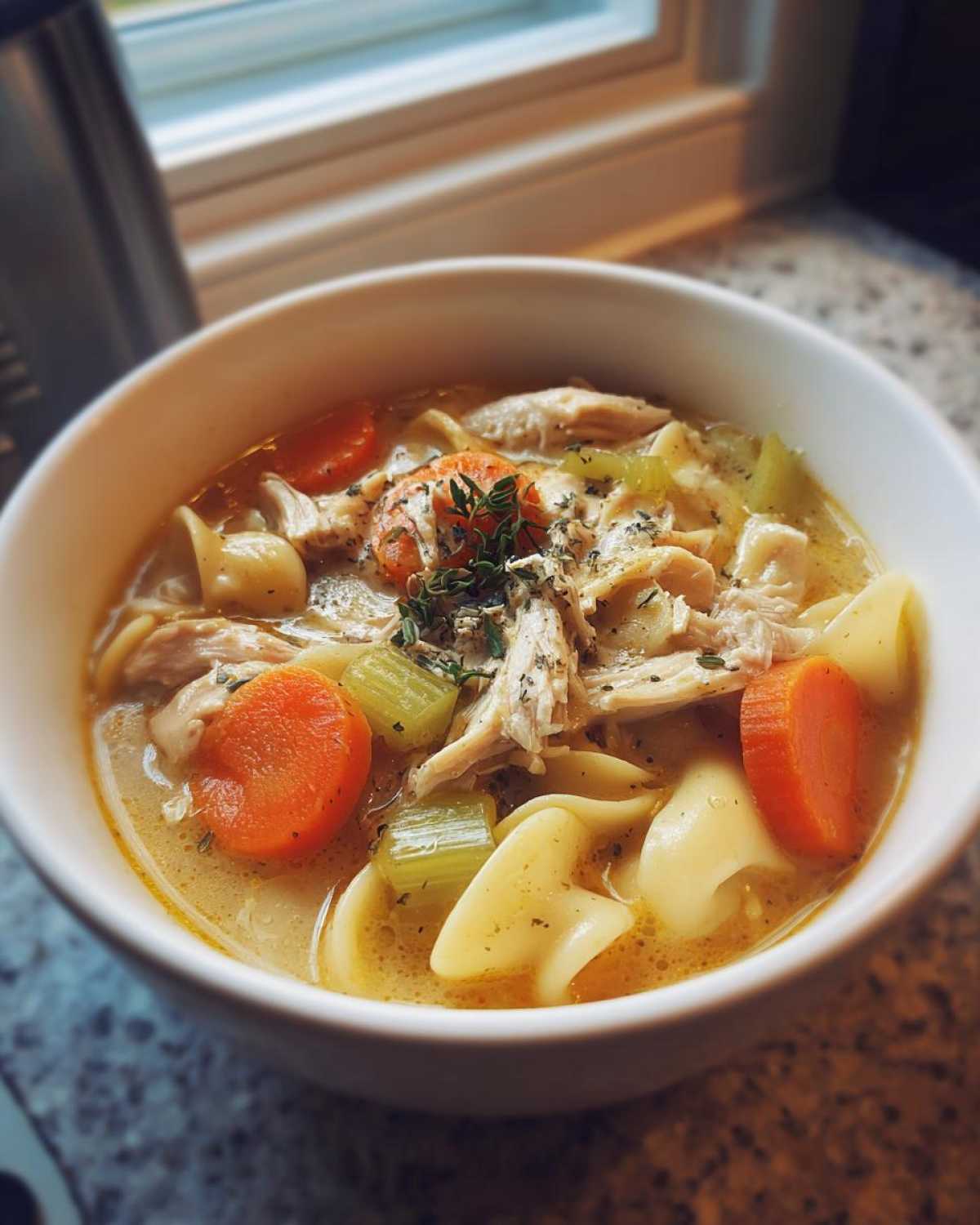 A close-up of a bowl of creamy chicken pasta soup with noodles, shredded chicken, carrots, and celery.