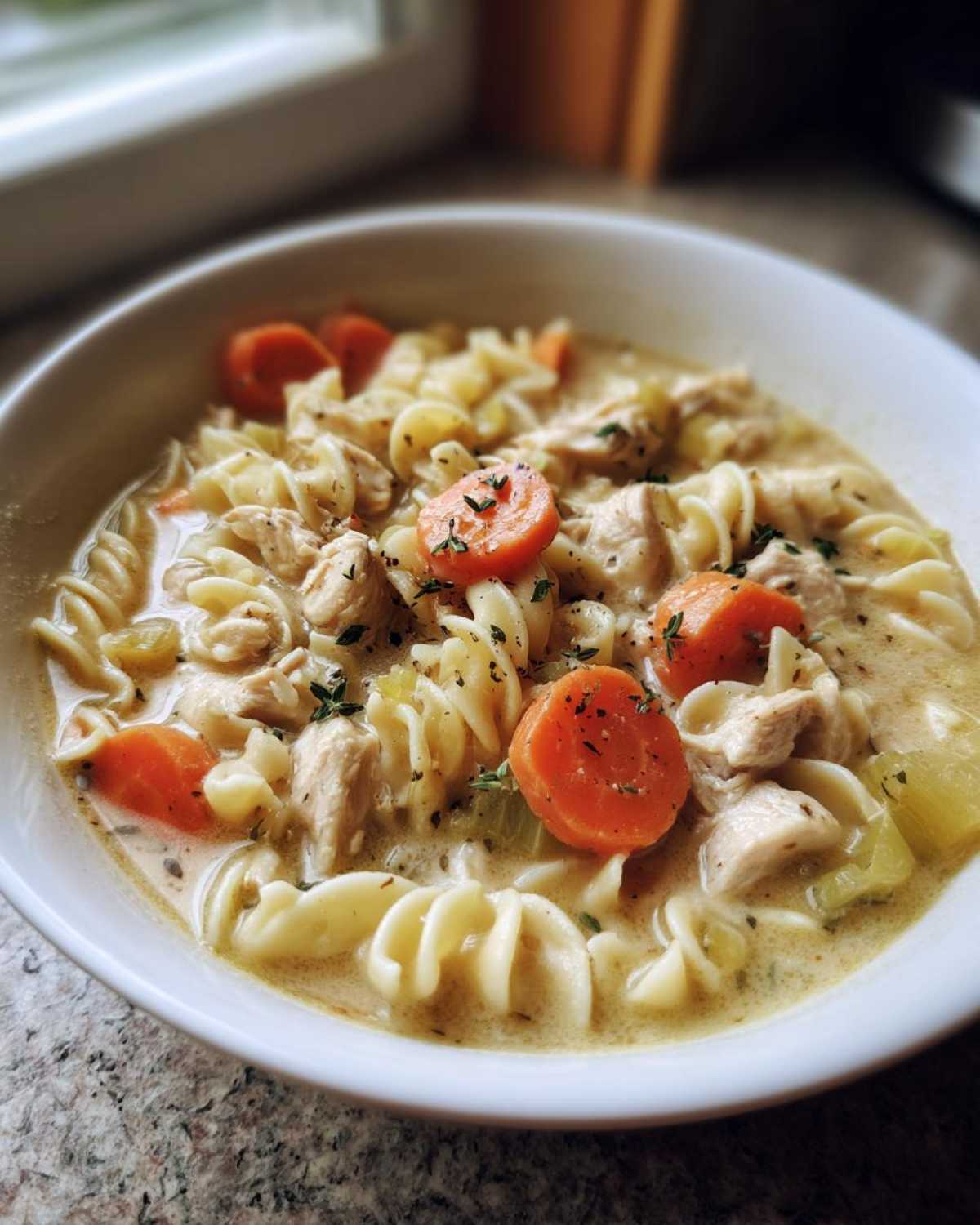 A close-up of a bowl of creamy chicken pasta soup, featuring rotini pasta, tender chicken pieces, sliced carrots, and celery, garnished with fresh herbs.