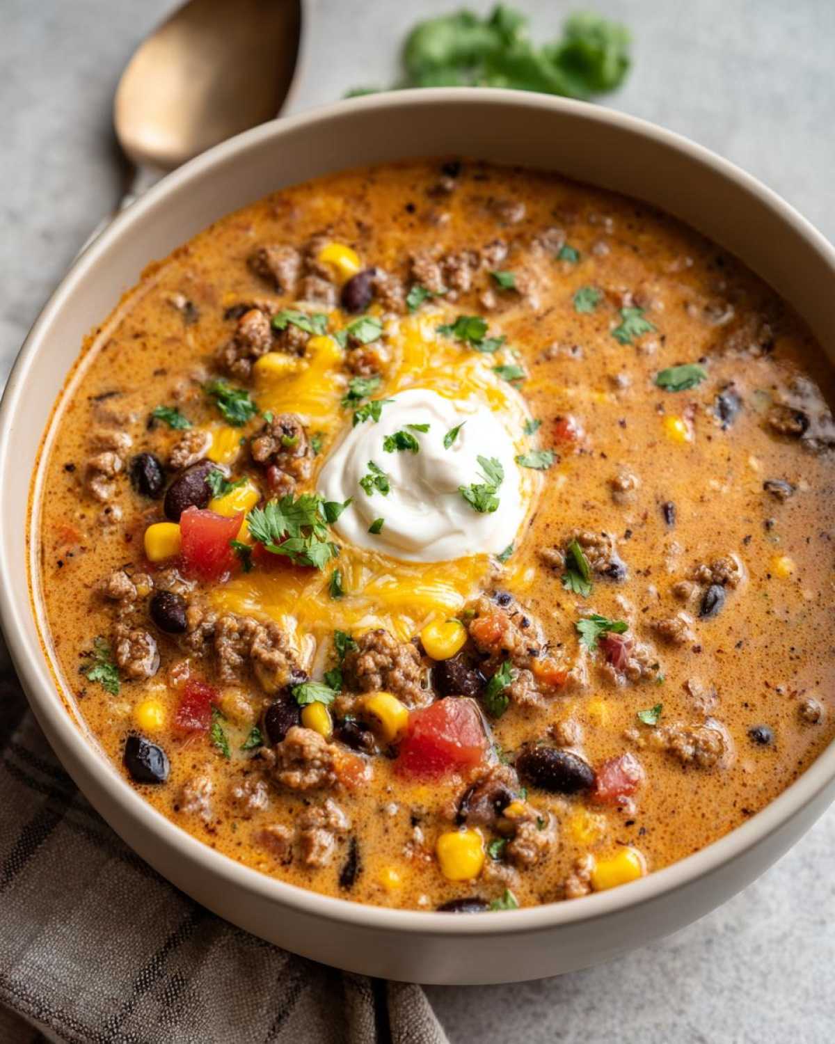 A close-up of a bowl of hearty Creamy Cowboy Soup, topped with sour cream, shredded cheese, and cilantro.