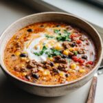 A close-up of a bowl of Creamy Cowboy Soup, featuring ground beef, black beans, corn, and a swirl of sour cream and cilantro.