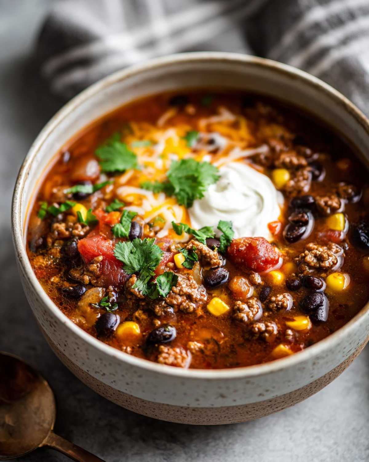 A close-up of a bowl of hearty Creamy Cowboy Soup, topped with sour cream, shredded cheese, and cilantro.