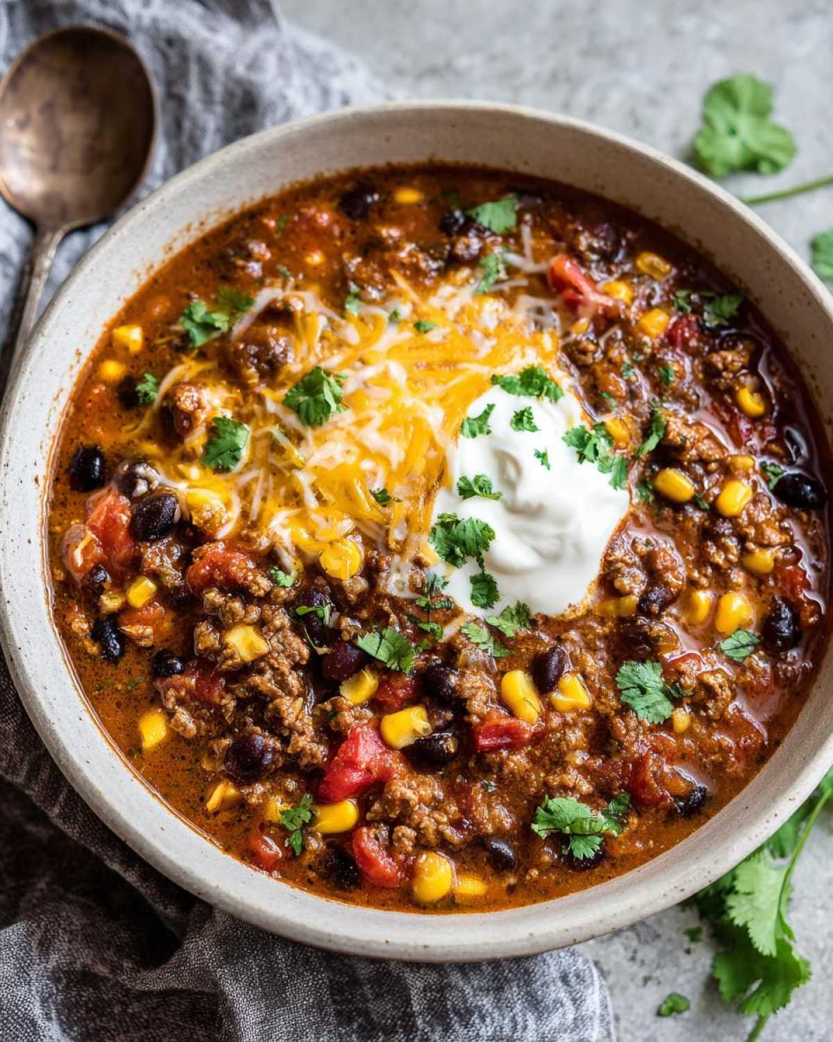 A close-up of a steaming bowl of Creamy Cowboy Soup, topped with shredded cheese, sour cream, and cilantro.