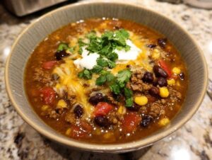 A close-up of a bowl of hearty creamy cowboy soup, topped with cheese, sour cream, and cilantro.