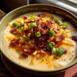A close-up of a bowl of creamy crockpot potato soup topped with shredded cheddar cheese, crispy bacon bits, and chopped green onions.