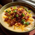 A close-up of a bowl of creamy crockpot potato soup topped with shredded cheddar cheese, crispy bacon bits, and chopped green onions.