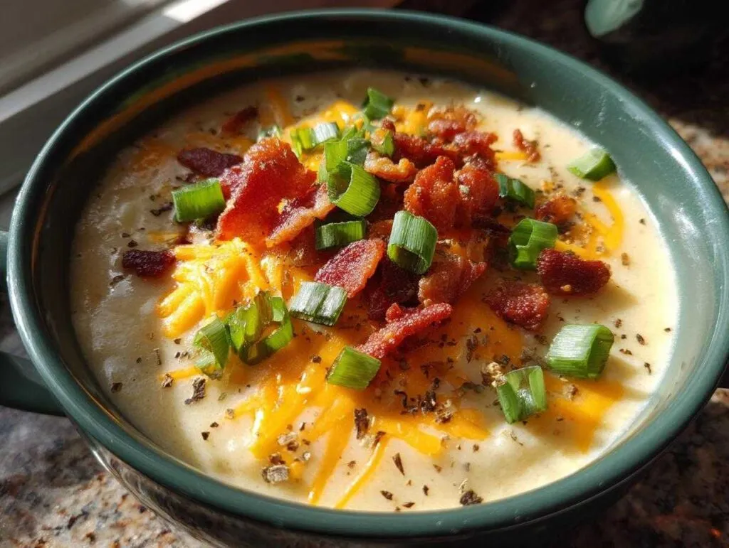 A bowl of creamy crockpot potato soup topped with shredded cheddar cheese, crispy bacon bits, and chopped green onions.