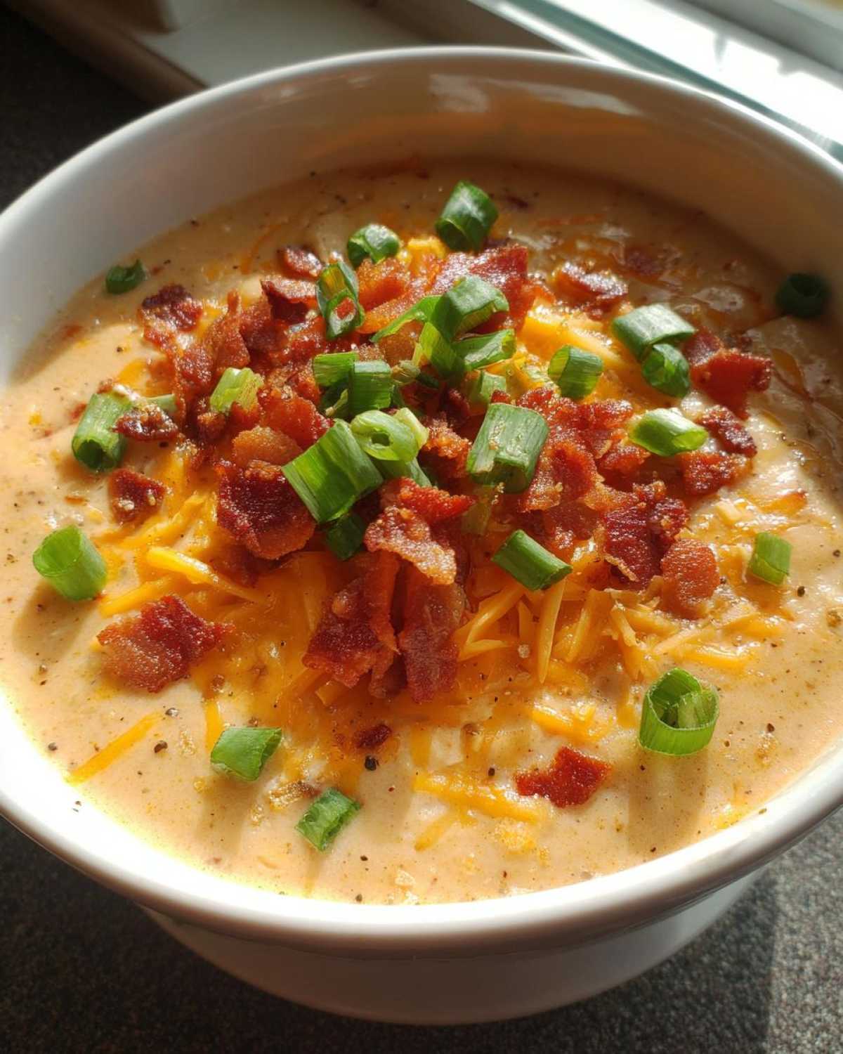 A close-up of a bowl of creamy Crockpot potato soup topped with shredded cheese, crispy bacon bits, and chopped green onions.