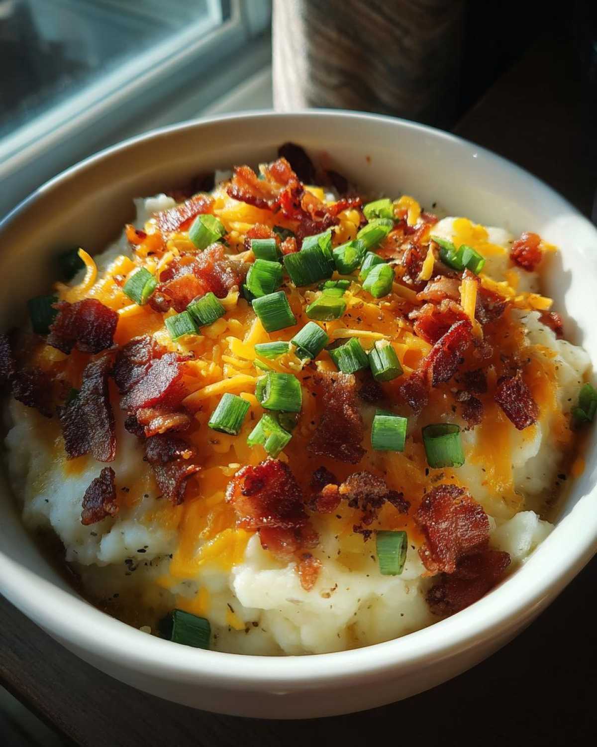 A bowl of creamy crockpot potato soup topped with shredded cheddar cheese, crispy bacon bits, and fresh green onions.