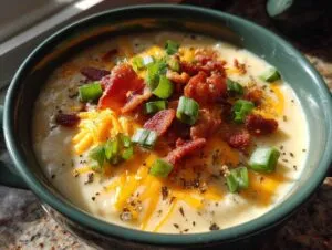 A bowl of creamy crockpot potato soup topped with shredded cheddar cheese, crispy bacon bits, and chopped green onions.