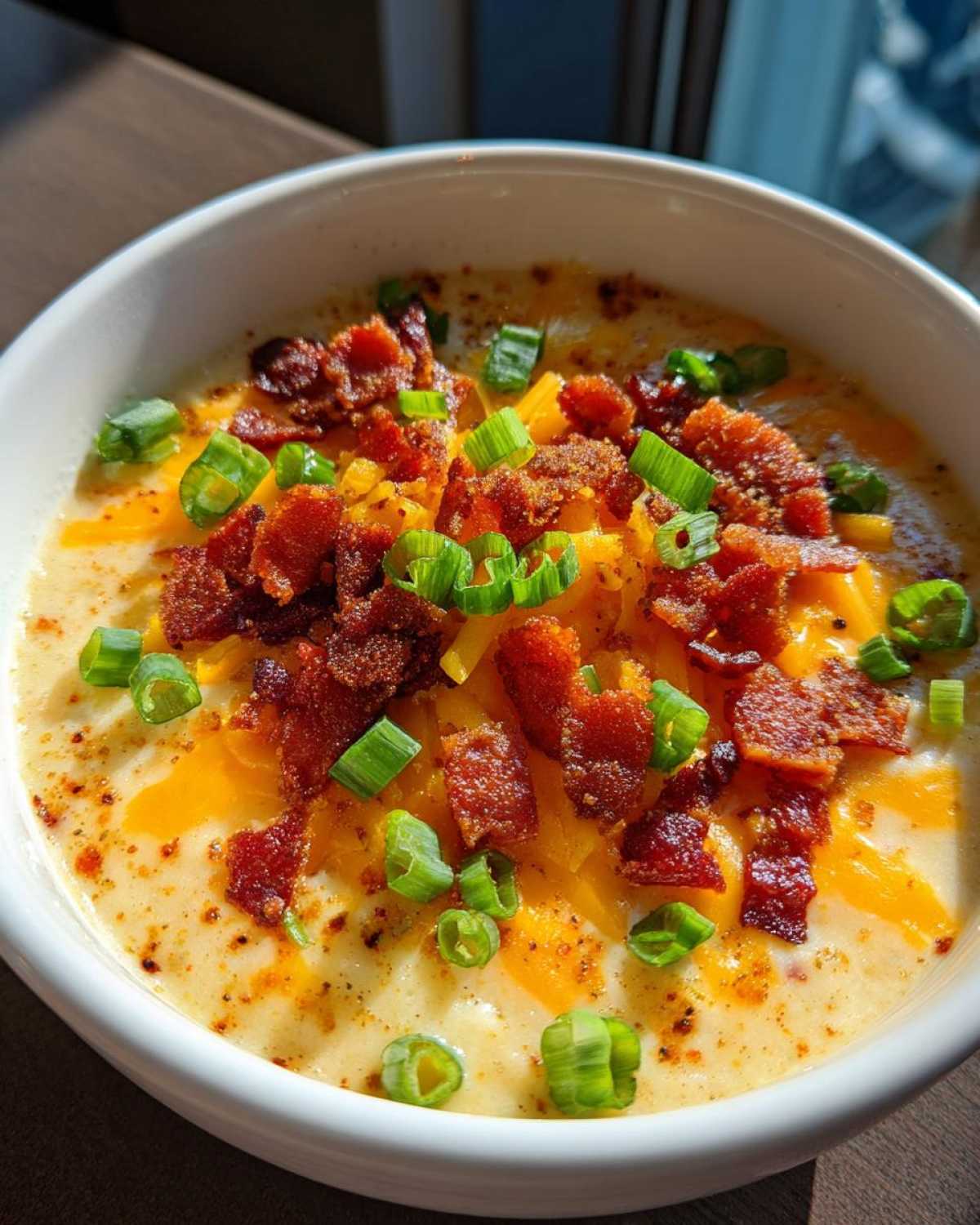 A close-up of a bowl of creamy crockpot potato soup topped with shredded cheddar cheese, crispy bacon bits, and chopped green onions.