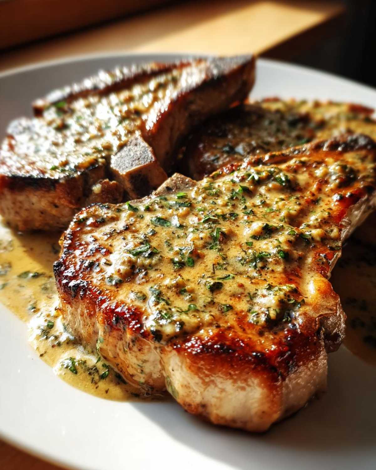 Close-up of juicy creamy garlic parmesan pork chops, pan-seared and coated in a rich sauce with herbs.