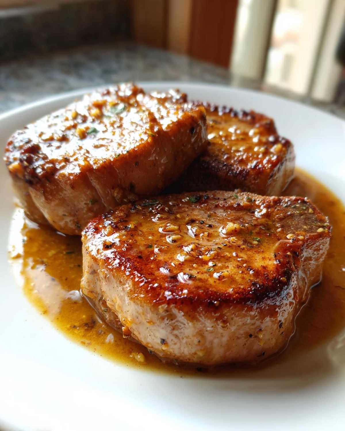 Three juicy creamy garlic parmesan pork chops served in a rich sauce on a white plate.