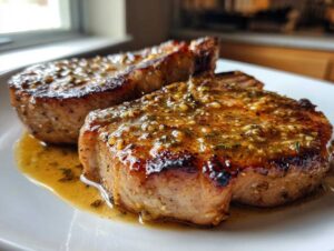 Close-up of two juicy creamy garlic parmesan pork chops on a white plate, coated in a rich sauce with herbs.