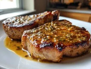 Close-up of two juicy creamy garlic parmesan pork chops on a white plate, coated in a rich sauce with herbs.