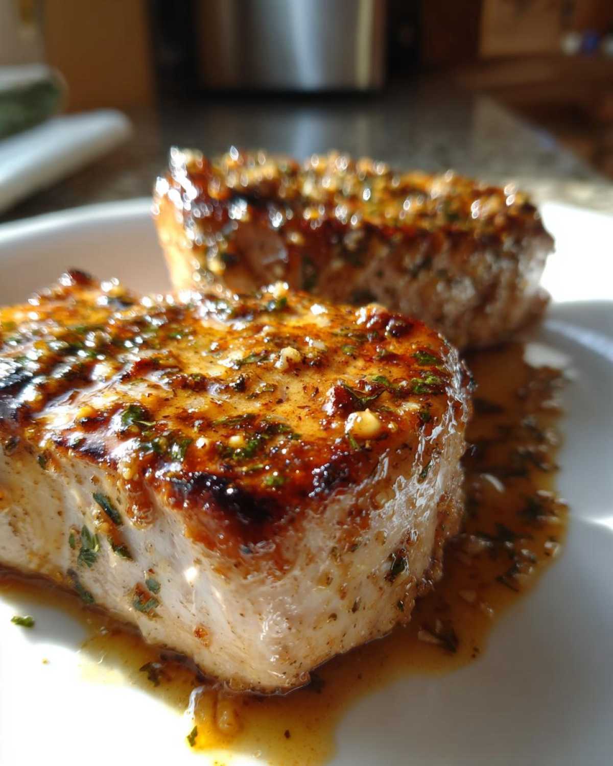 Close-up of two juicy creamy garlic parmesan pork chops, glistening with sauce and herbs on a white plate.