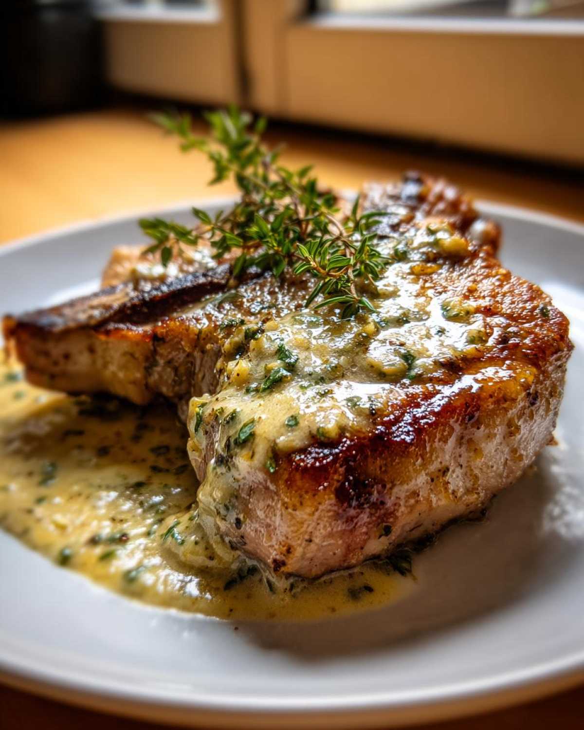 A close-up of a perfectly cooked, juicy creamy garlic parmesan pork chop, garnished with fresh thyme.