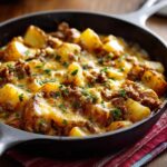 A close-up of a cast-iron skillet filled with a creamy meat potato skillet topped with melted cheese and parsley.