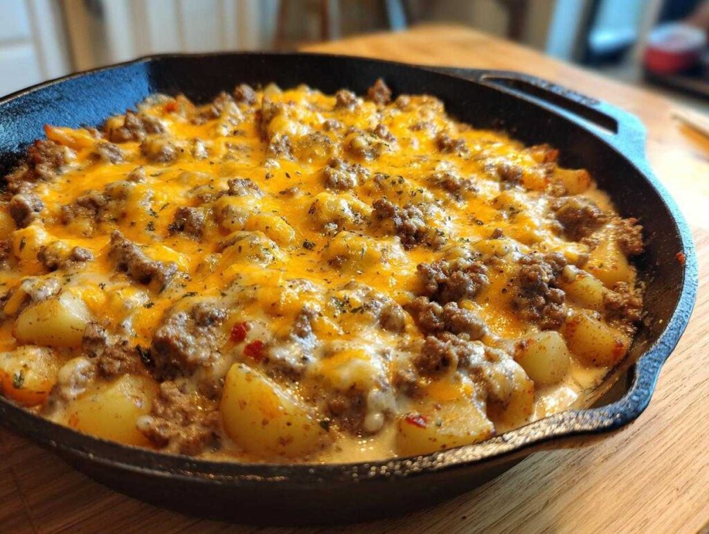 A close-up of a creamy meat potato skillet topped with melted cheddar cheese and herbs.