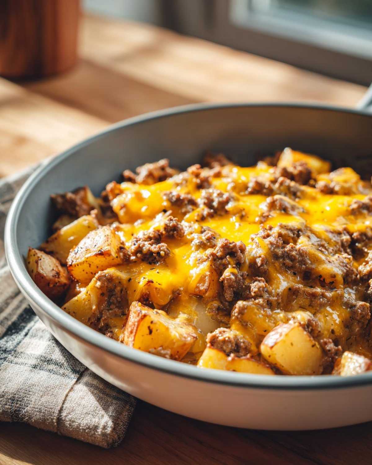 Close-up of a Creamy Meat Potato Skillet topped with melted cheddar cheese and seasoned ground meat.